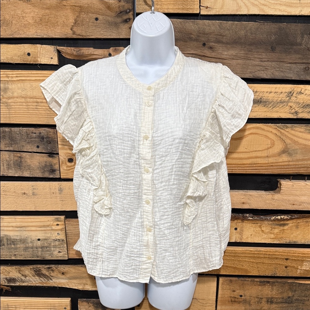 H&M Cream Cottagecore Gauzy Ruffle Trimmed Blouse Size Large